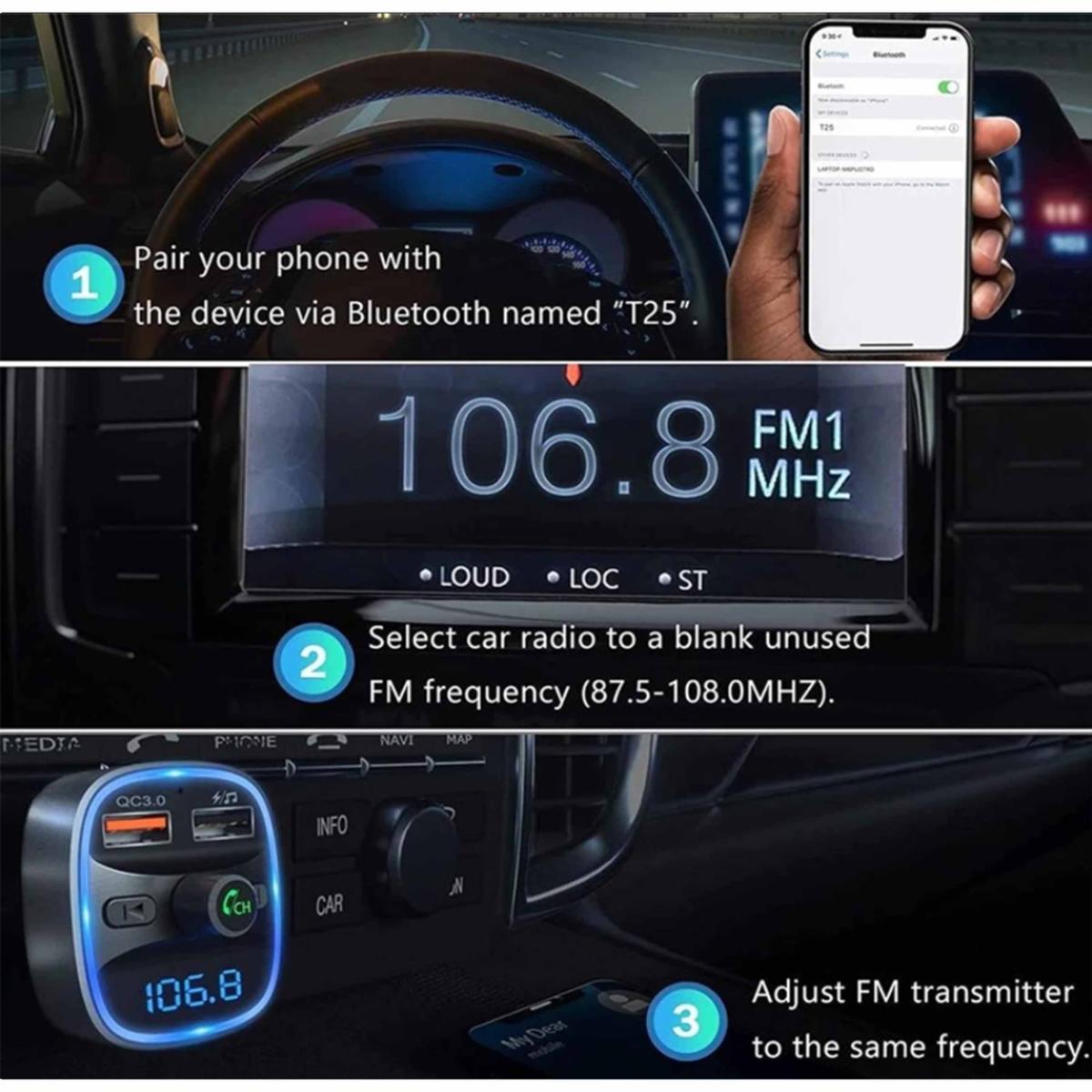 Sender für Auto USB Bluetooth Qc3.0 Mp3 Freisprechtelefon Rufen Sie Tf Card LED - Bild 3 von 5