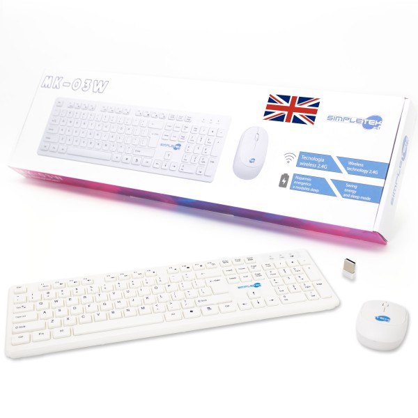 KIT MOUSE E TASTIERA WIRELESS QWERTY UK INGLESE ENGLAND BIANCA KIT SET M&K