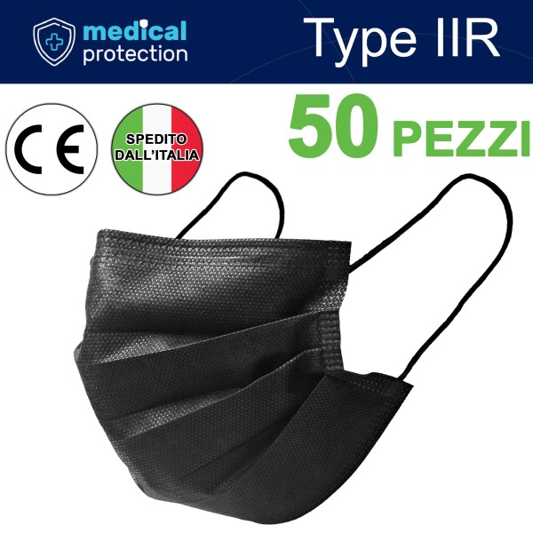 50 MEDICAL PROTECTION MASCHERINA MASCHERINE CHIRURGICHE IIR BFE 98% NERE