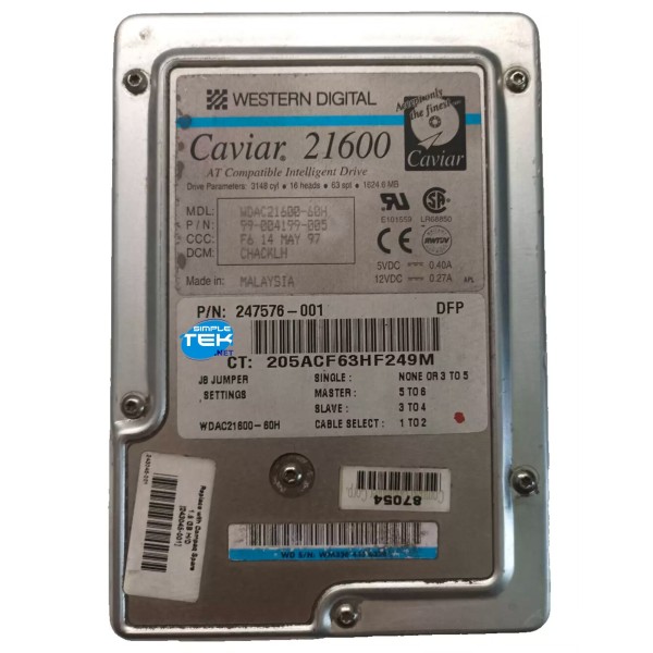 WESTERN DIGITAL WDAC21600-60H HDD 1624,6MB 3,5" IDE PATA EIDE WINDOWS 95 HARD DISK DISCO RIGIDO