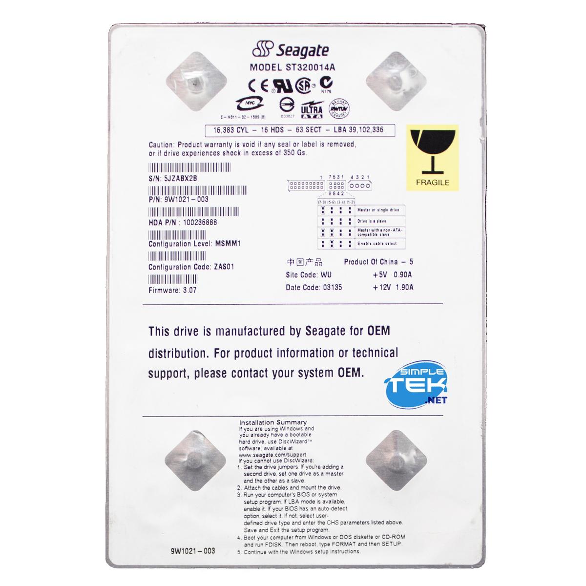 Seagate ST320014A 20GB Ide Pata Eide 3,5 " Hard Disk HDD Windows 95 98 2000 - XP