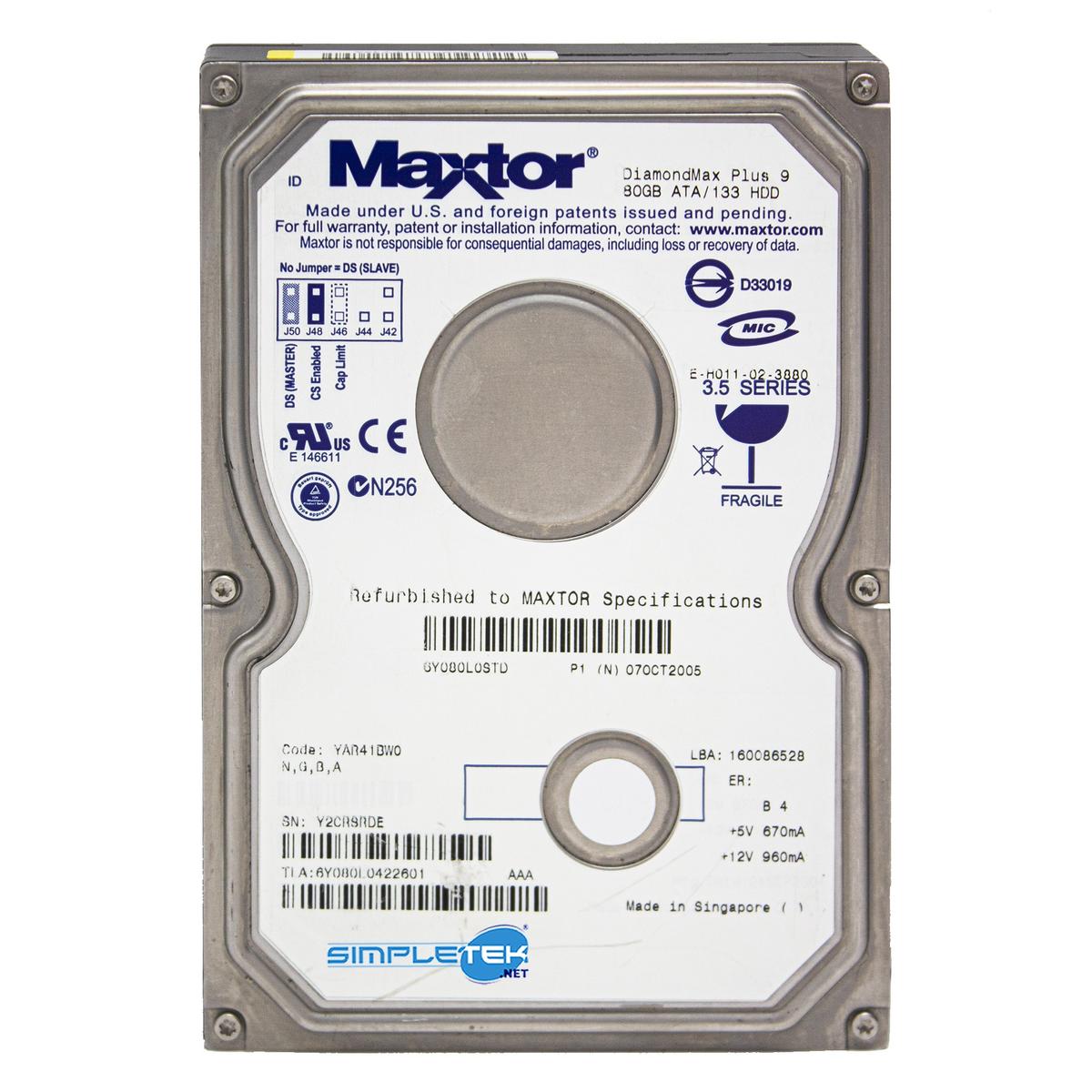 Maxtor Diamondmax Plus 9 6Y080L0422601 80GB Ide Pata 3,5 " Eide Windows 2000 -