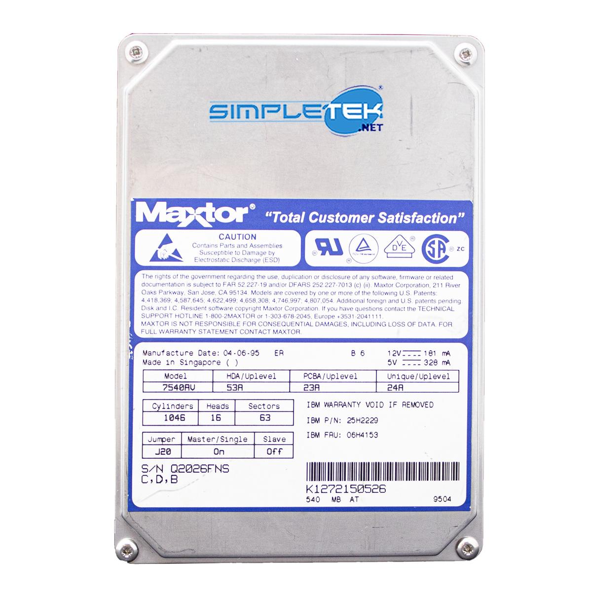 MAXTOR 7540RV 540MB Ide HDD 3,5 " Hard Disk Pata Eide Windows 95 98 2000 XP - Picture 1 of 6