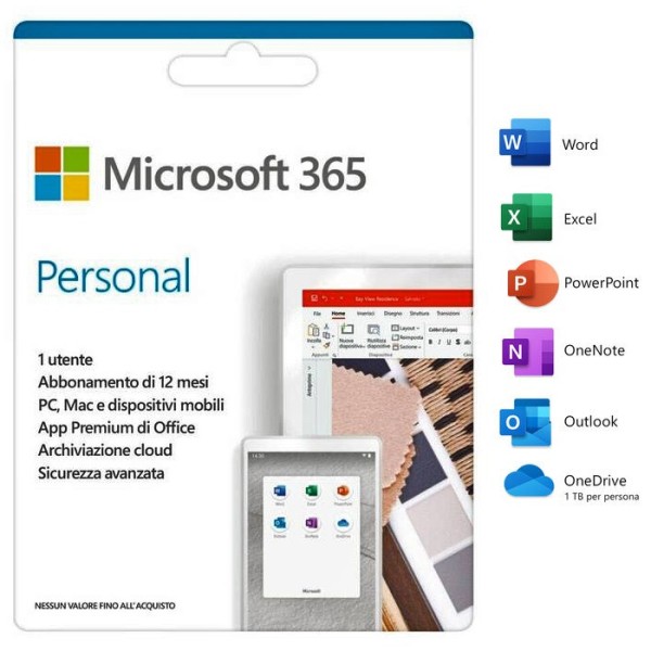 LICENZA MICROSOFT 365 PERSONAL OFFICE CARD ITALIANO 1 UTENTE 1 ANNO SOFTWARE