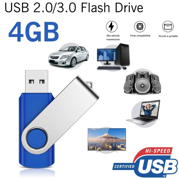 CHIAVETTA USB PENDRIVE PEN DRIVE 4GB USB 2.0 USB 3.0 COLORE BLU SALVATAGGIO DATI