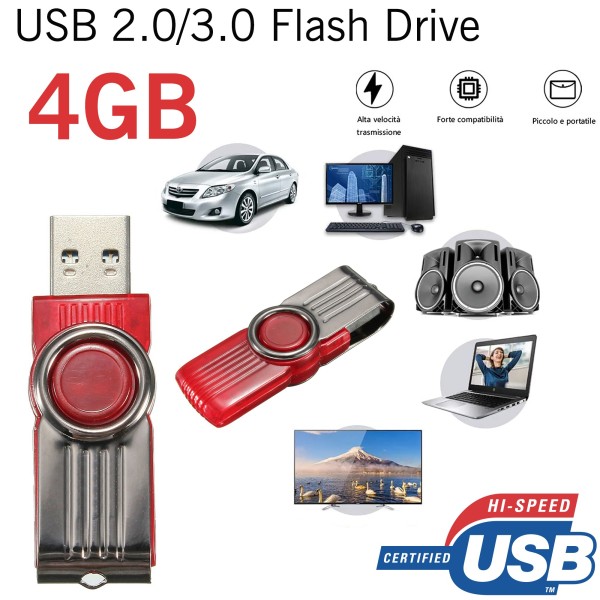 CHIAVETTA USB PENDRIVE PEN DRIVE 4GB USB 2.0 USB 3.0 COLORE ROSSO SALVATAGGIO DATI