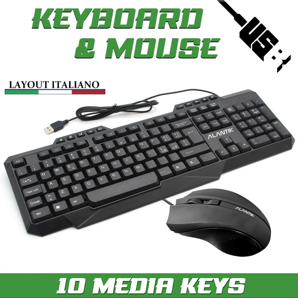 KIT MOUSE E TASTIERA USB CON FILO LAYOUT ITALIANO MULTIMEDIALE ALANTIK