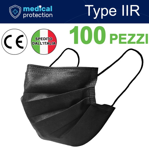 100 MEDICAL PROTECTION MASCHERINA MASCHERINE CHIRURGICHE IIR BFE 98% NERE