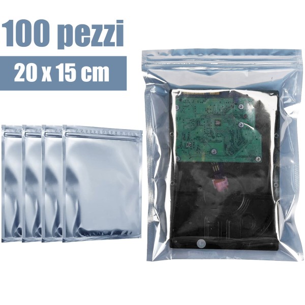 SACCHETTI ANTISTATICI 20X15 CM 100 PZ. RICHIUDIBILI CON ZIP BUSTE PER HDD SSD