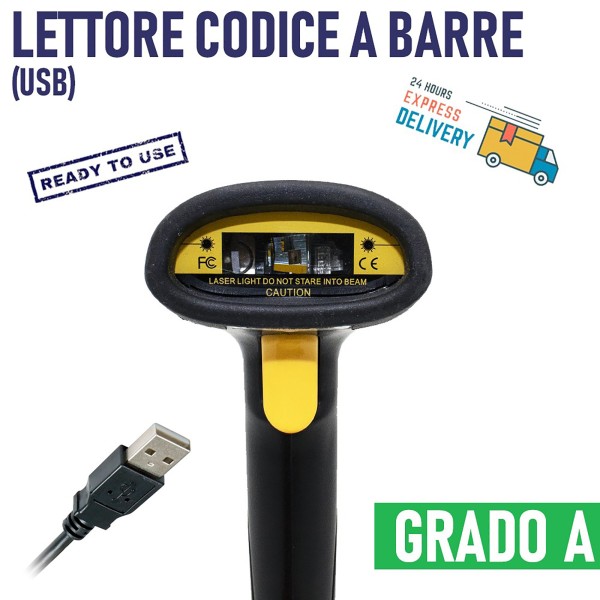 LETTORE CODICI A BARRE LASER BARCODE READER PISTOLA CON FILO CAVO USB 1D