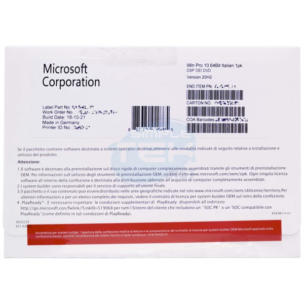 WINDOWS 11 PRO OEM COA LICENZA ORIGINALE PROFESSIONAL MICROSOFT TAGLIANDINO STICKER FQC-10528